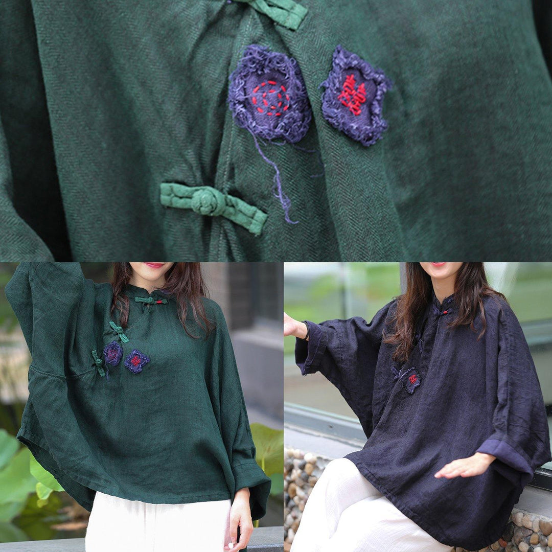 Beautiful stand collar Batwing Sleeve Tunic Cotton navy shirts