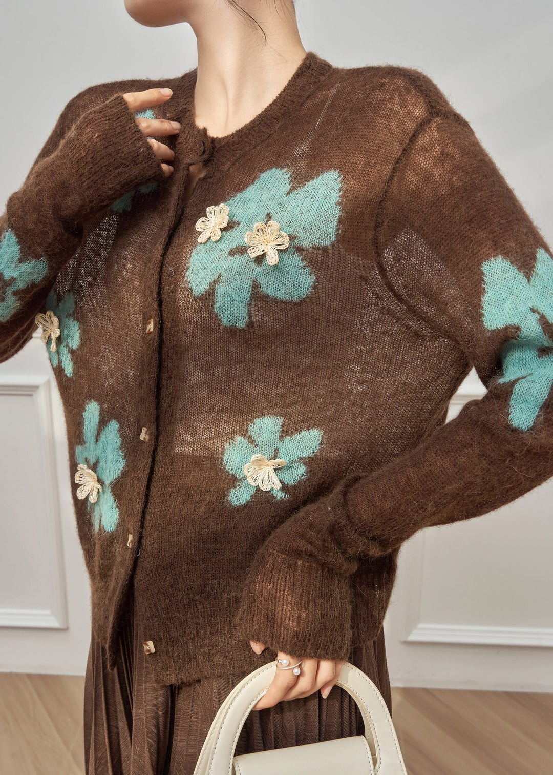 Boho Coffee O-Neck Patchwork Button Cotton Knit Cardigan Spring