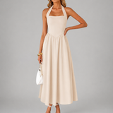 Carlotta | Abito midi con scollo a halter e arricciature