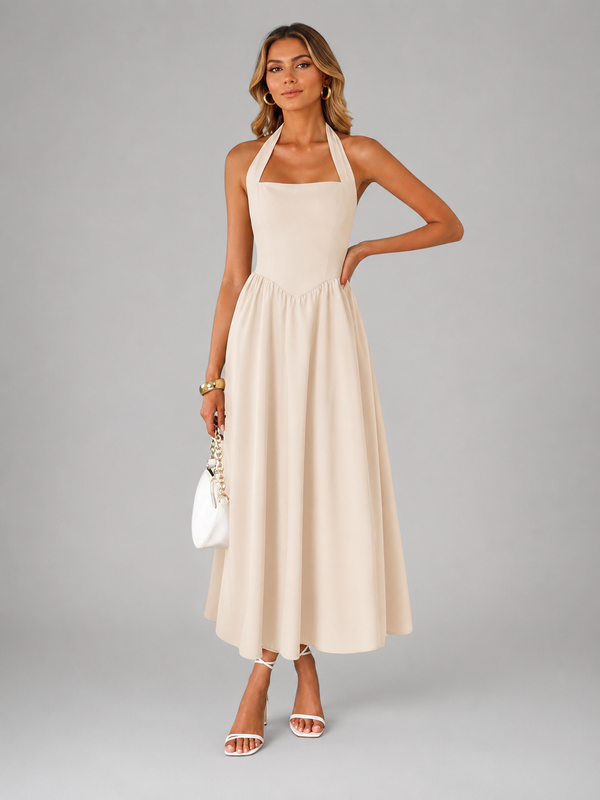 Carlotta | Abito midi con scollo a halter e arricciature