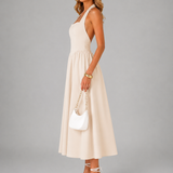 Carlotta | Abito midi con scollo a halter e arricciature