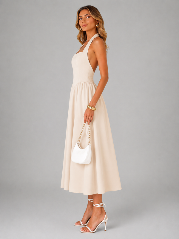Carlotta | Abito midi con scollo a halter e arricciature