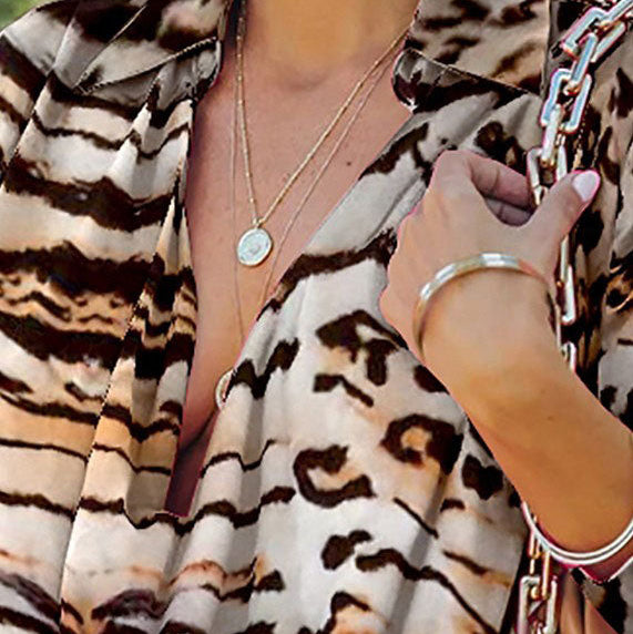 Casual Peter Pan Collar Asymmetrical Design Leopard Print Chiffon Mid Dress Long Sleeve