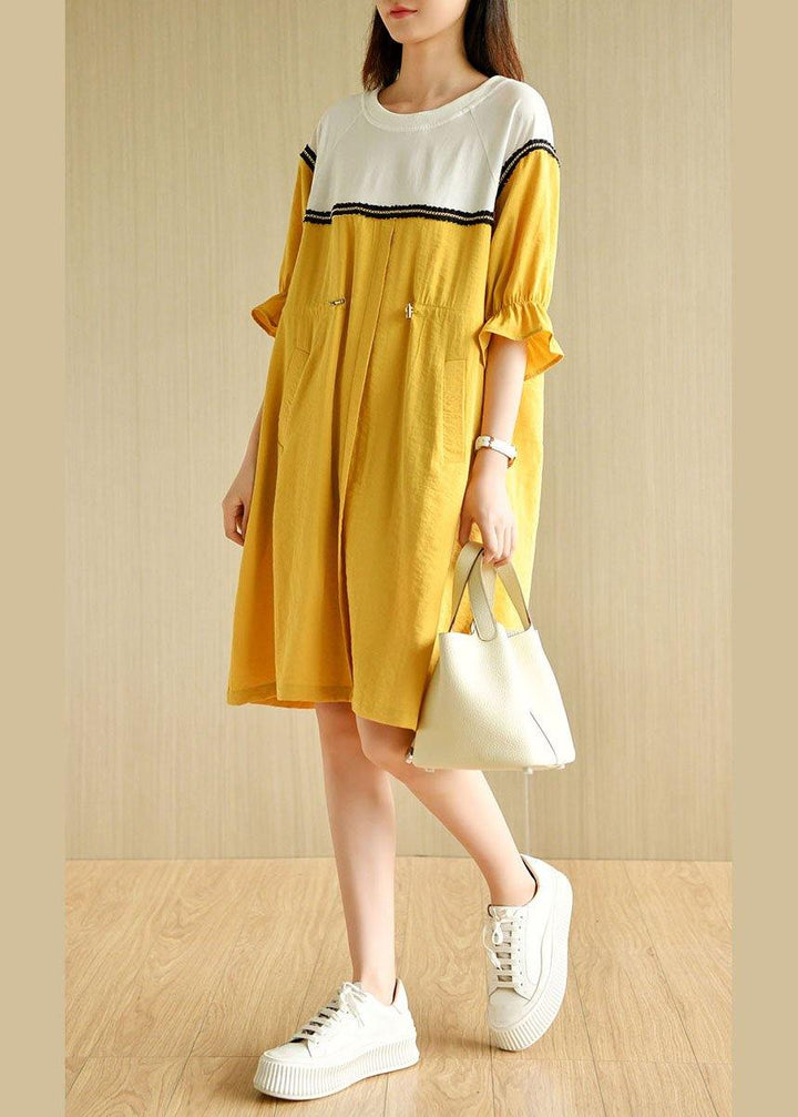 Casual Yellow Tie Waist Pockets Patchwork Summer Vacation Dress Half Sleeve