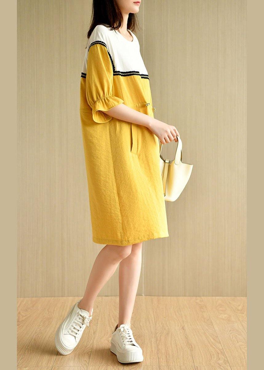 Casual Yellow Tie Waist Pockets Patchwork Summer Vacation Dress Half Sleeve