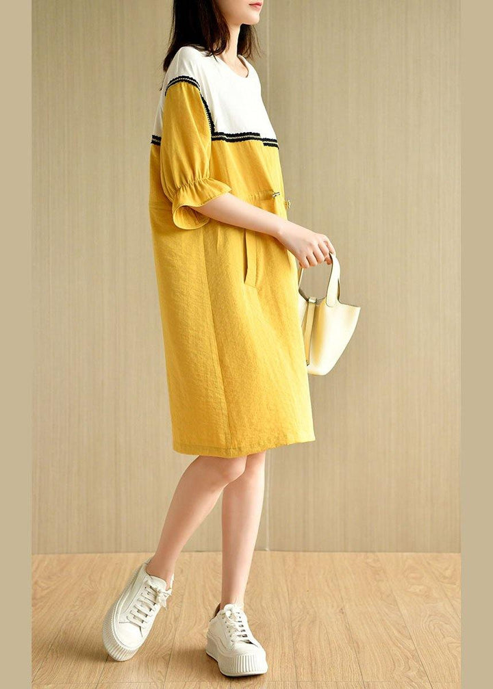 Casual Yellow Tie Waist Pockets Patchwork Summer Vacation Dress Half Sleeve