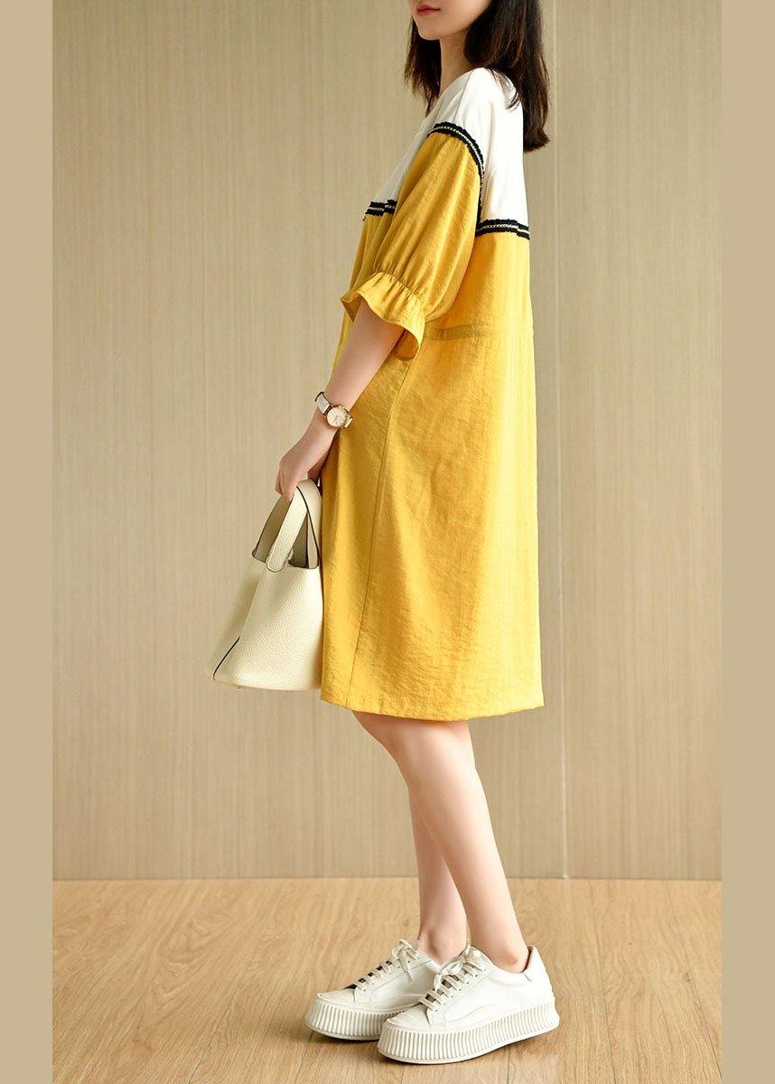 Casual Yellow Tie Waist Pockets Patchwork Summer Vacation Dress Half Sleeve