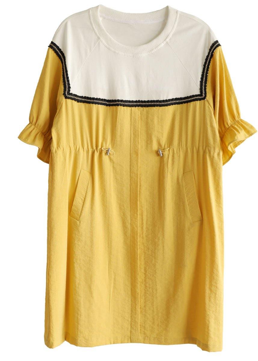 Casual Yellow Tie Waist Pockets Patchwork Summer Vacation Dress Half Sleeve