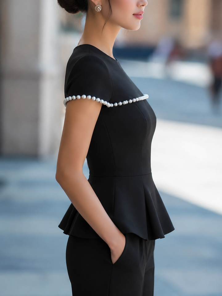 Pearl-Trim Short-Sleeve Structured Peplum Top