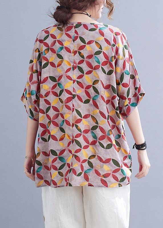 Chic Red Print Half Sleeve Cotton Linen Summer Shirt
