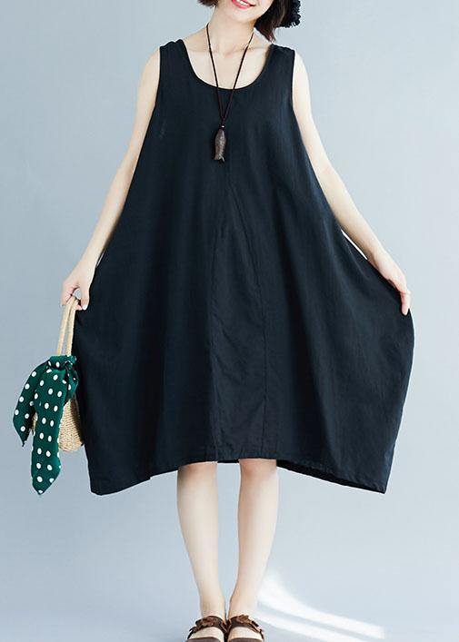 Chic black o neck linen quilting dresses sleeveless Plus Size Clothing summer Dress