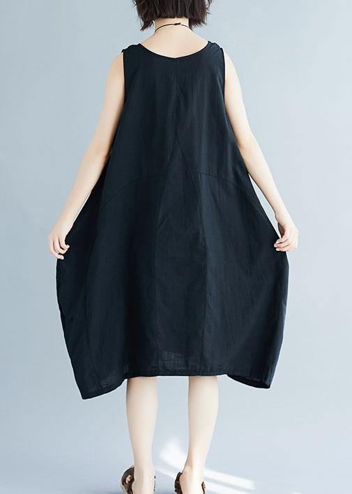 Chic black o neck linen quilting dresses sleeveless Plus Size Clothing summer Dress