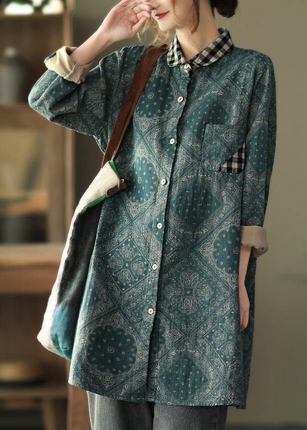 Classy Green Plaid Shirts Women Lapel Pockets Baggy Spring Tops