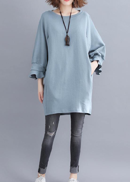 DIY light blue cotton tunic pattern o neck half sleeve Midi summer Dress
