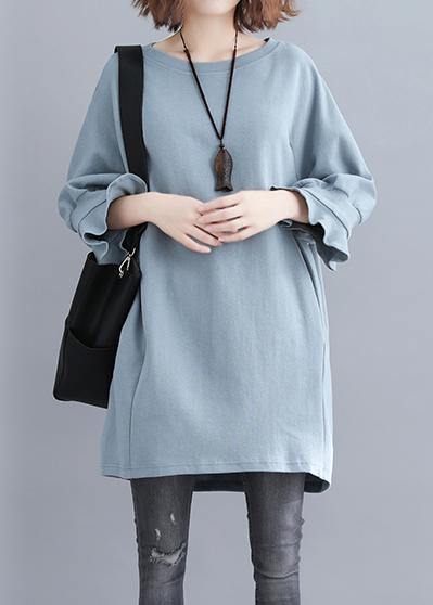 DIY light blue cotton tunic pattern o neck half sleeve Midi summer Dress
