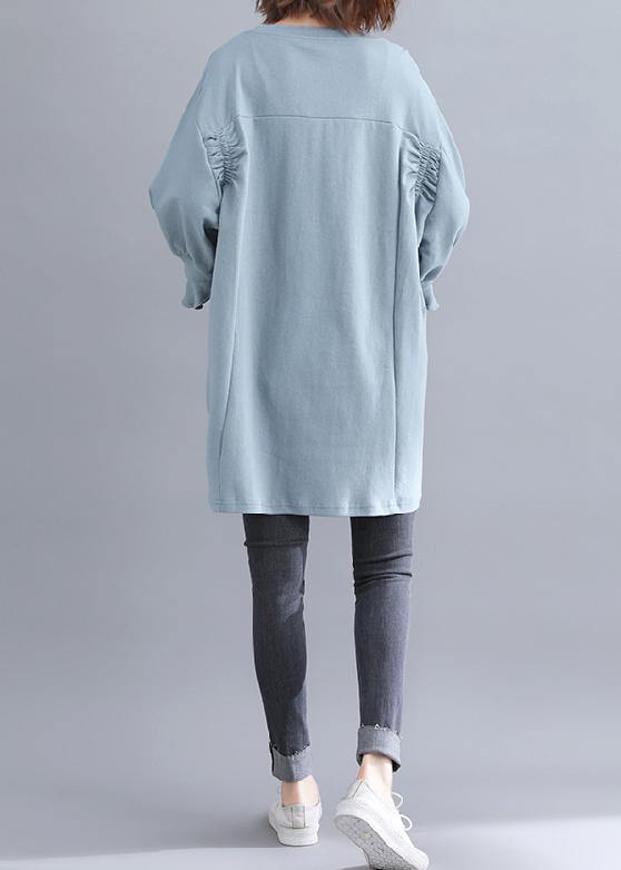 DIY light blue cotton tunic pattern o neck half sleeve Midi summer Dress