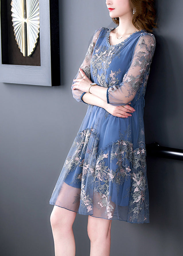 Elegant Blue O-Neck Print Patchwork Tulle Vacation Dresses Half Sleeve