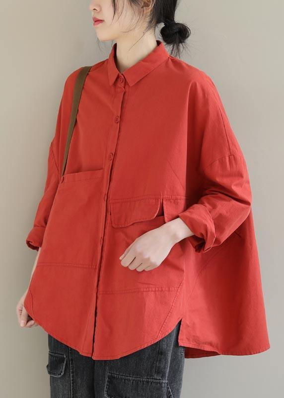 Elegant Red Blouse Lapel Asymmetric Short Shirt Top