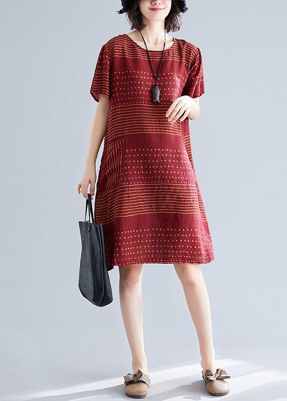 Elegant o neck pockets Cotton quilting dresses Runway burgundy dotted Dress