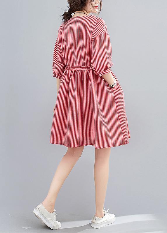 Elegant o neck pockets summer Work Outfits red striped Dress