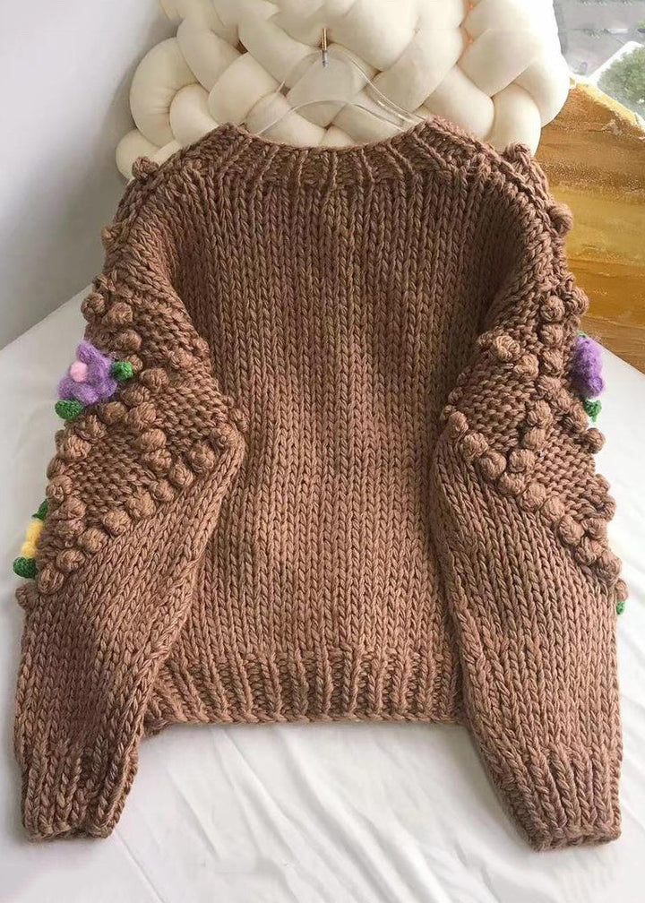 Floral Brown Button Cozy Patchwork Cotton Knit Coats Spring