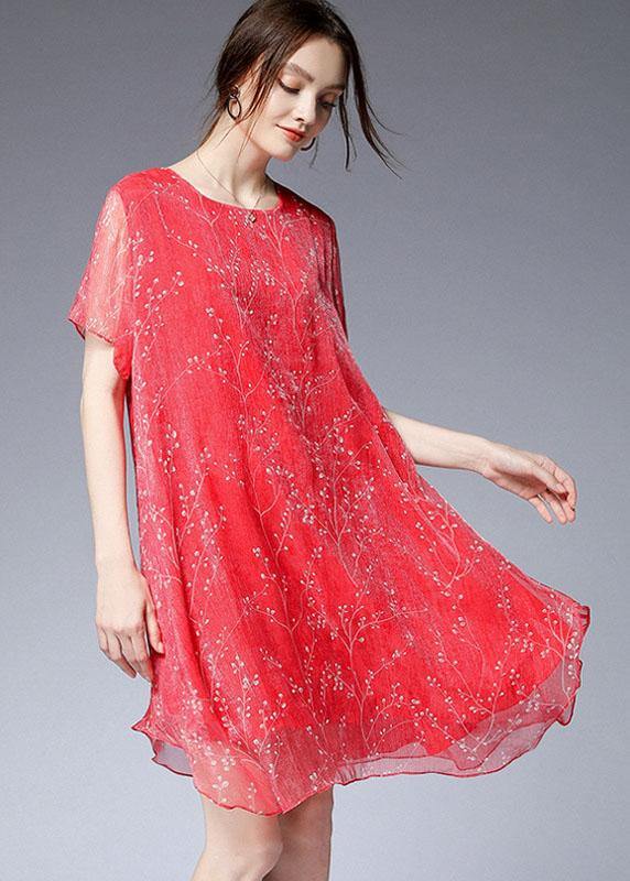 French Red O-Neck Asymmetrical Design Summer Chiffon Dresses Short Sleeve