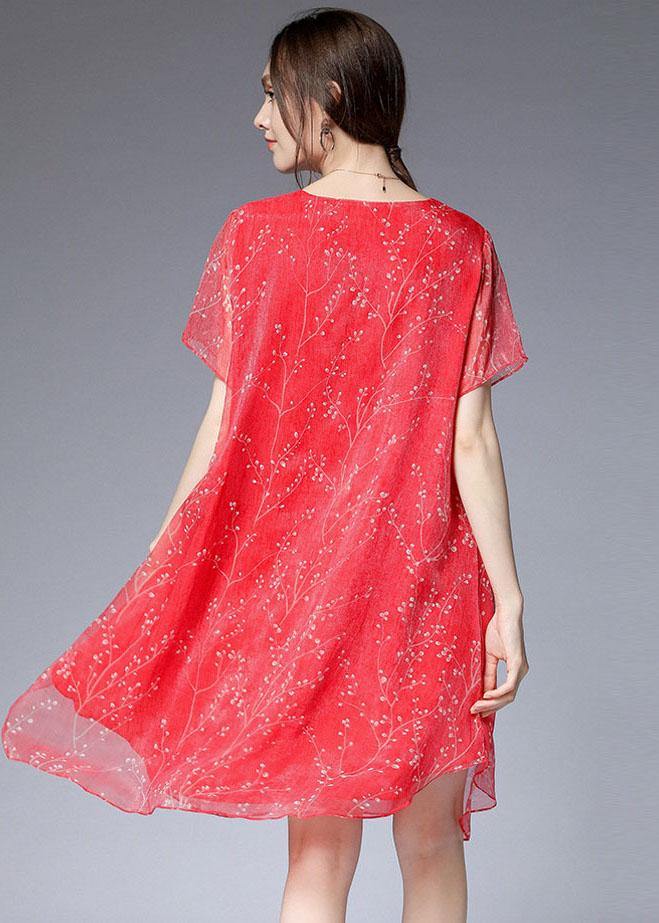 French Red O-Neck Asymmetrical Design Summer Chiffon Dresses Short Sleeve
