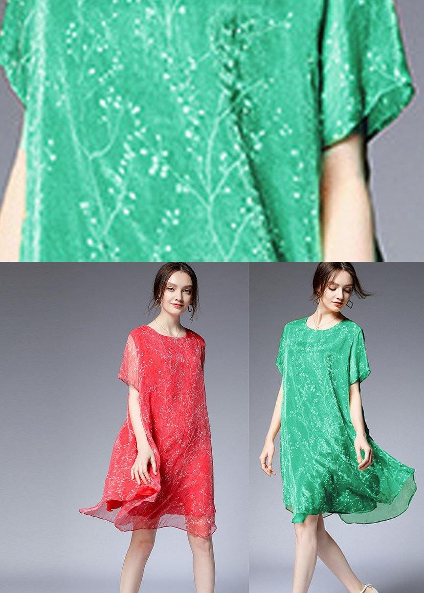French Red O-Neck Asymmetrical Design Summer Chiffon Dresses Short Sleeve