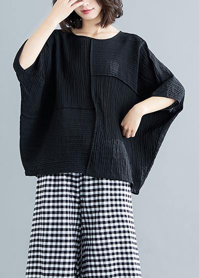 French black cotton blended clothes For Women stylish Fabrics o neck Batwing Sleeve patchwork loose Summer tops