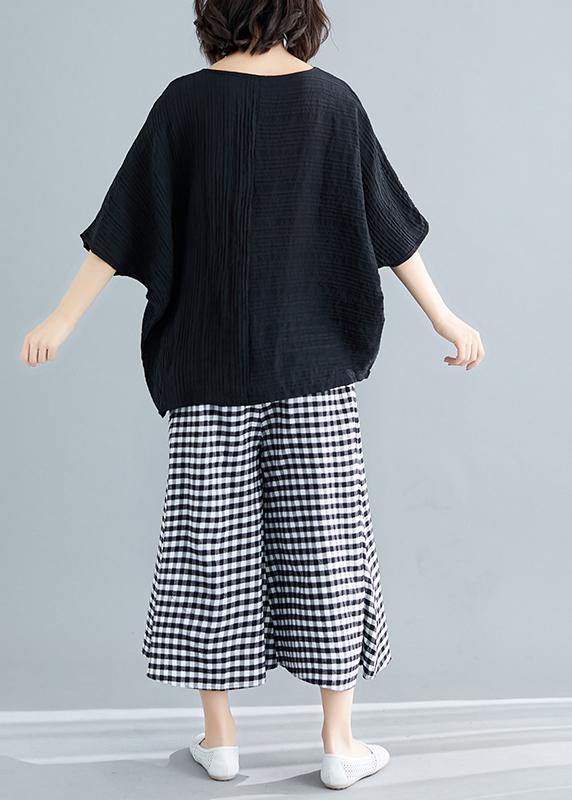 French black cotton blended clothes For Women stylish Fabrics o neck Batwing Sleeve patchwork loose Summer tops