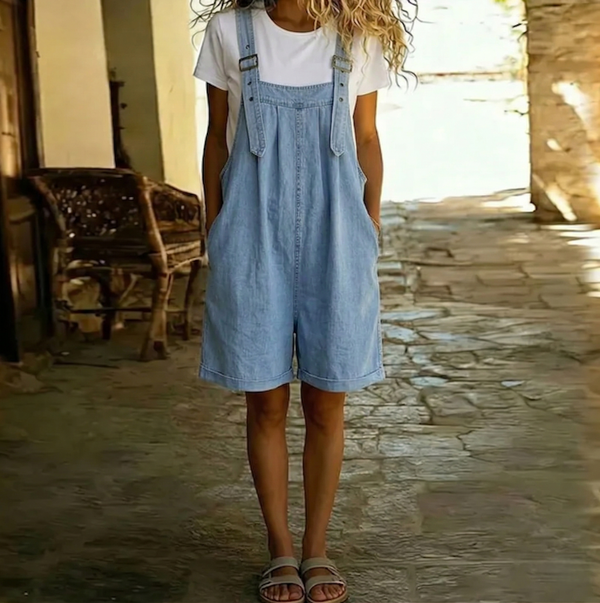 Michelle - Salopette in Denim Leggero Lavato Vintage di Cotone Morbido Blu Chiaro