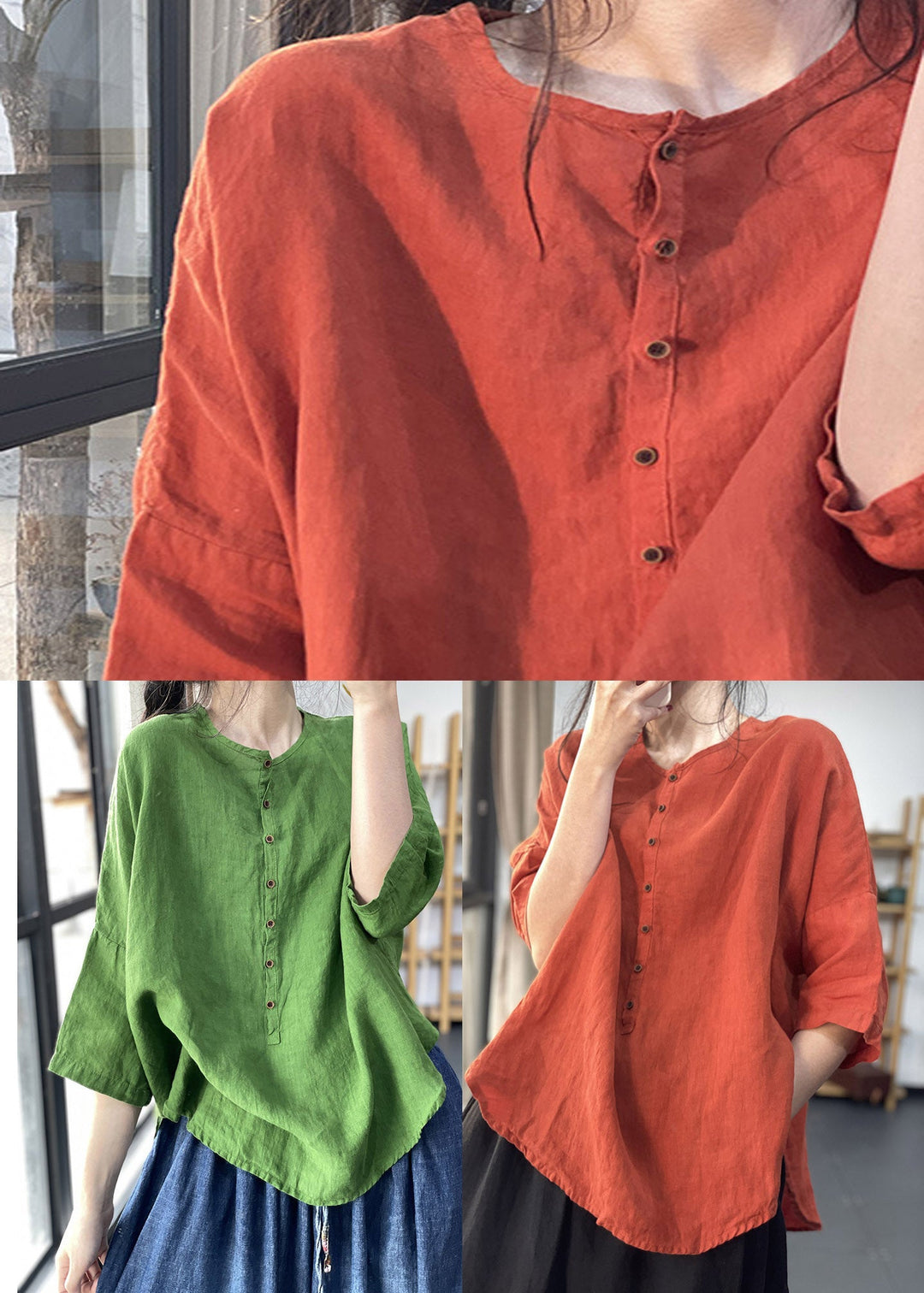 Green Button Side Open Cotton blend Top Three Quarter Sleeve