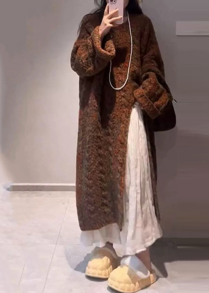 Coffee O-Neck Asymmetrical Cotton Knit Long Sweaters Spring