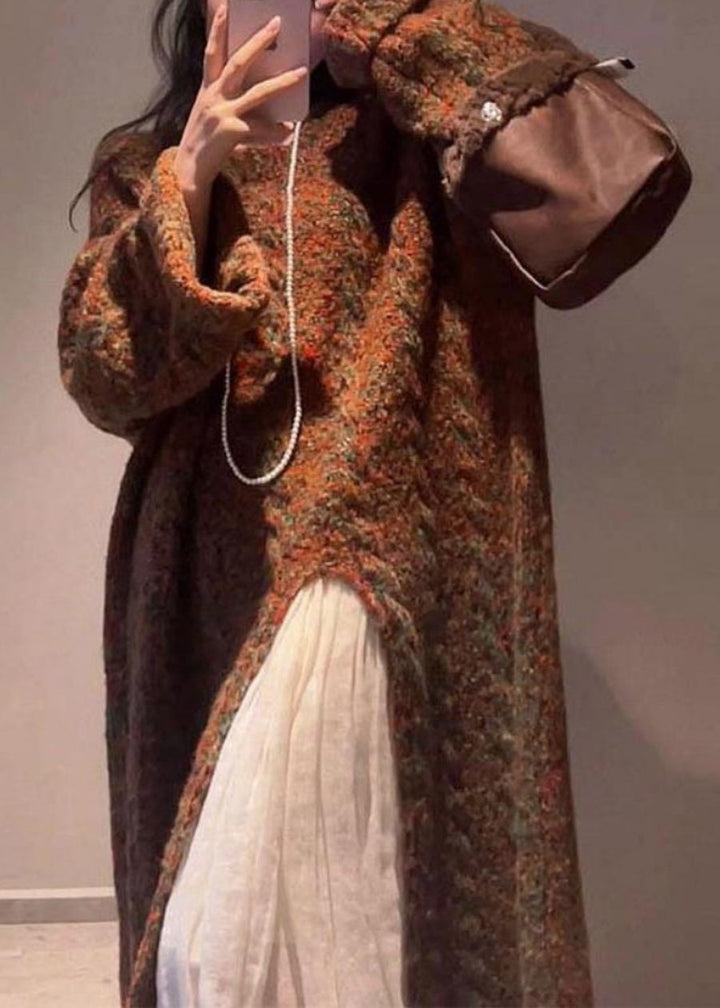 Coffee O-Neck Asymmetrical Cotton Knit Long Sweaters Spring