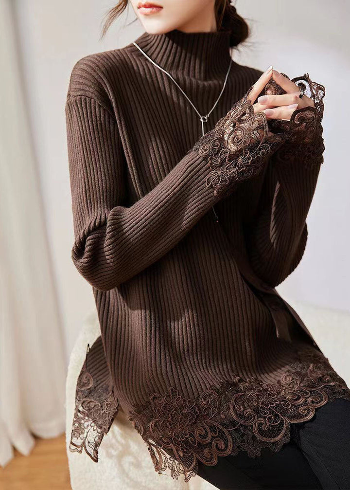 Coffee Turtleneck Lace Patchwork Cotton Knit Sweater Long Sleeve