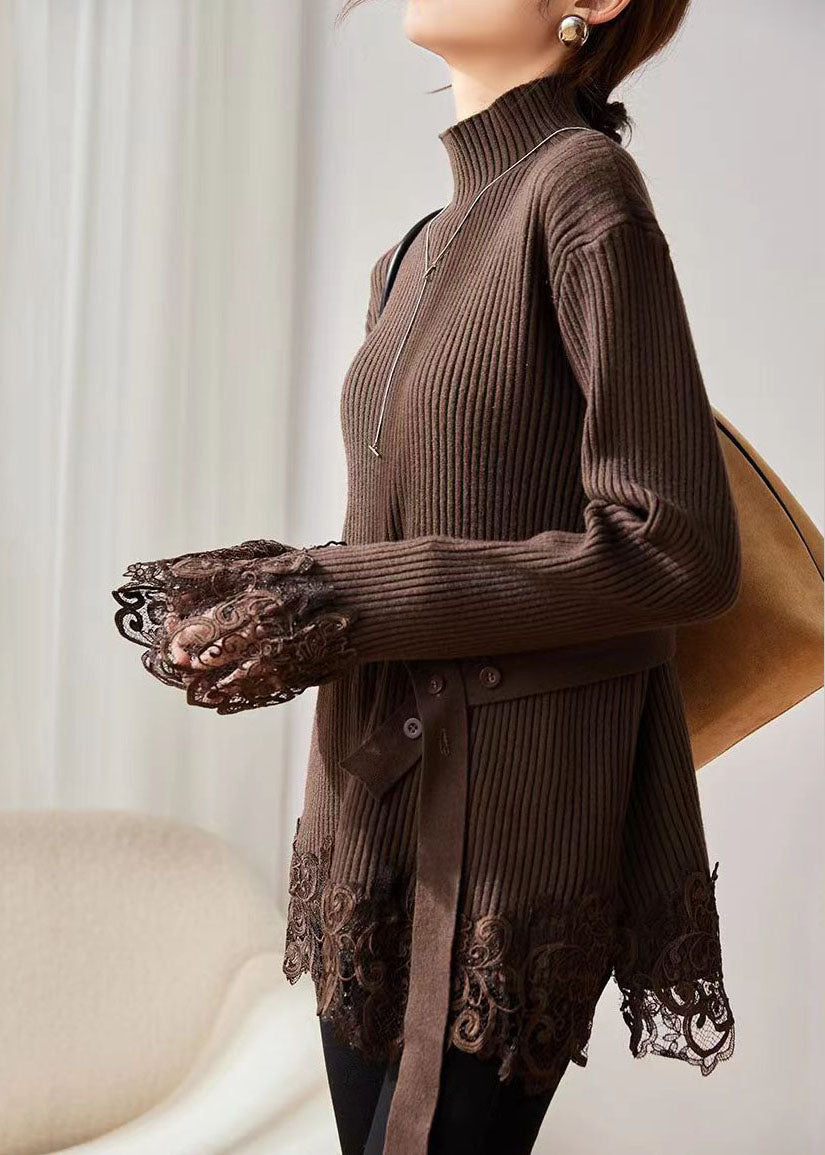 Coffee Turtleneck Lace Patchwork Cotton Knit Sweater Long Sleeve