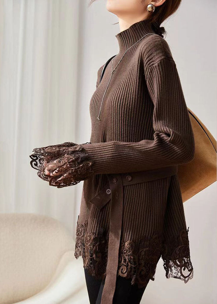 Coffee Turtleneck Lace Patchwork Cotton Knit Sweater Long Sleeve