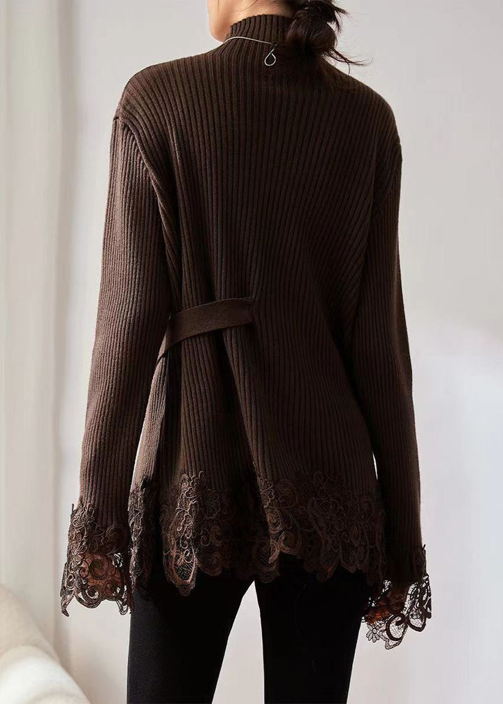 Coffee Turtleneck Lace Patchwork Cotton Knit Sweater Long Sleeve
