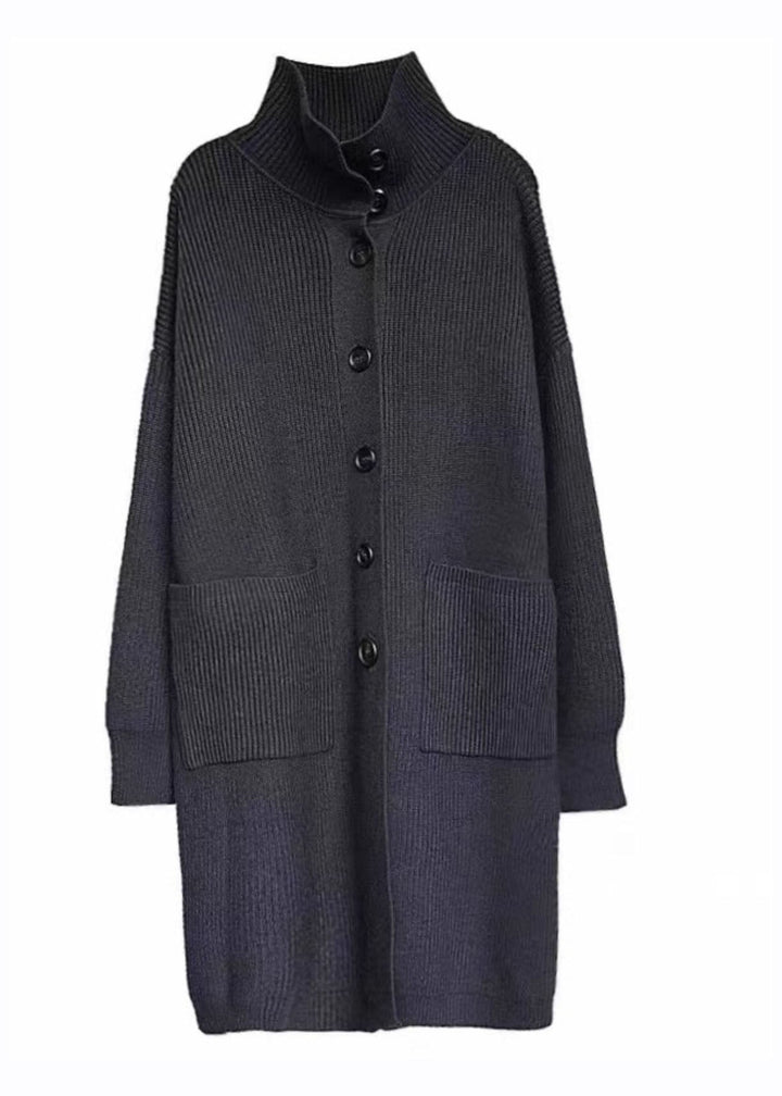 Grey Turtleneck Pockets Button Cozy Cotton Knit Sweaters Coats Long Sleeve