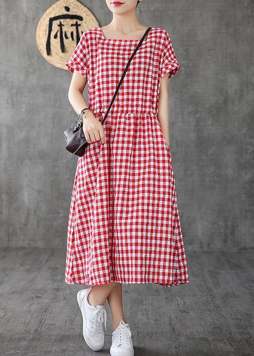 Handmade Square Collar patchwork cotton linen clothes For Women Shape red plaid Dress summer