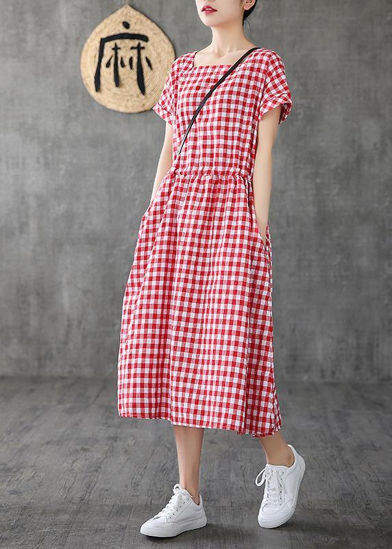 Handmade Square Collar patchwork cotton linen clothes For Women Shape red plaid Dress summer