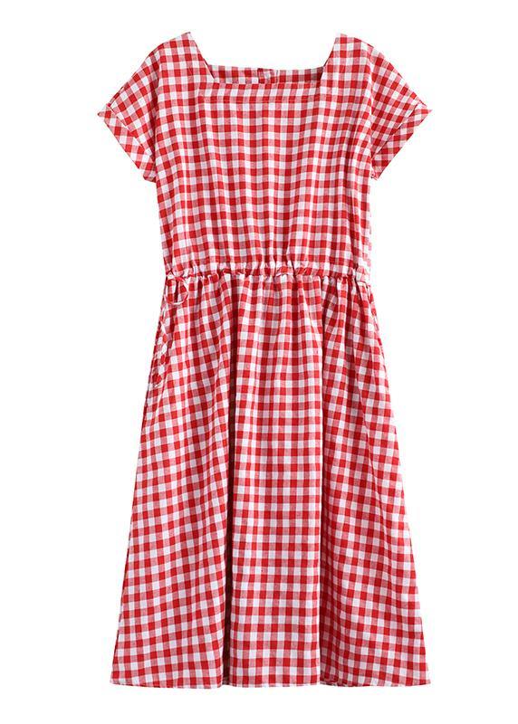 Handmade Square Collar patchwork cotton linen clothes For Women Shape red plaid Dress summer