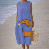 Julia | Vestito in lino per donna con stampa di cane bassotto