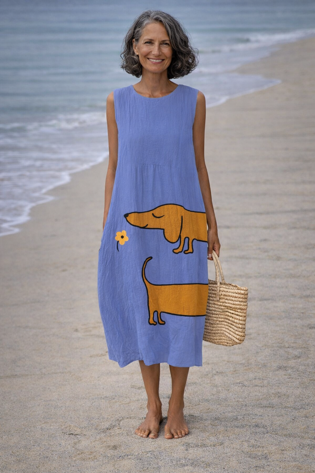 Julia | Vestito in lino per donna con stampa di cane bassotto