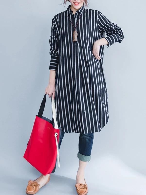 Italian black striped Cotton clothes lapel oversized shirt Dres