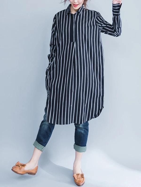 Italian black striped Cotton clothes lapel oversized shirt Dres