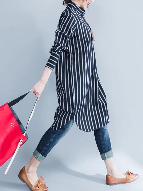 Italian black striped Cotton clothes lapel oversized shirt Dres