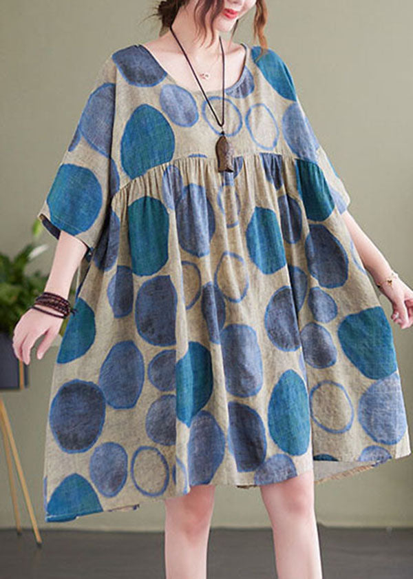 Loose Blue O-Neck Patchwork Cotton Holiday Dress Short Sleeve