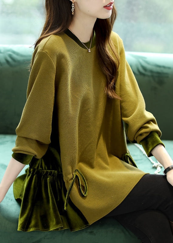 Loose Dark Green O-Neck Patchwork Drawstring Sweatshirts Top Long Sleeve
