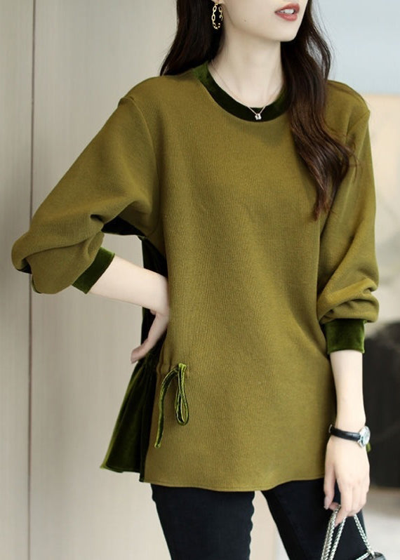 Loose Dark Green O-Neck Patchwork Drawstring Sweatshirts Top Long Sleeve